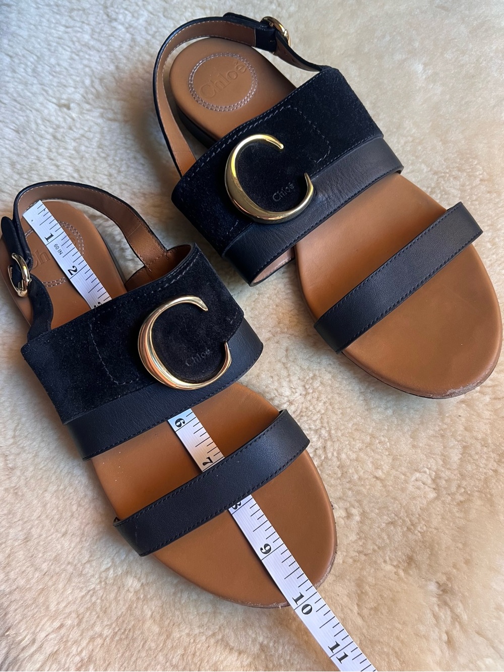 CHLOE C Slingback Sandals Sz 39 US 9 Suede Leather Black Chic Luxury Summer - Picture 12 of 16